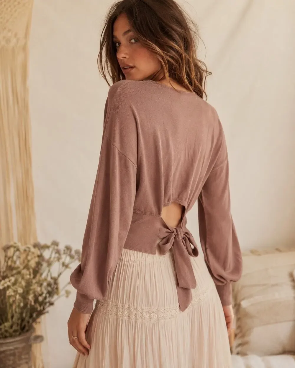 Nordstrom Open Edit | Brown Preppy Long Sleeve Tie Back Sweater Casual Knit